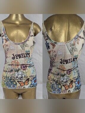 Kaity NWT Floral Butterfly With Crochet Trim & Embellishments Beige Tank Large